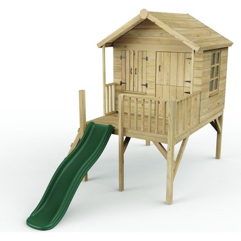 5ft x 5ft Wooden Garden Playhouse on Deck with 6ft Slide - Nightingale Green