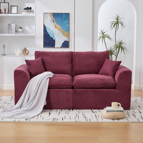 Sofa 2-Sitzer aus Cord in Weinrot 204 x 102,5 x 84 cm mit Kissen, montagefrei