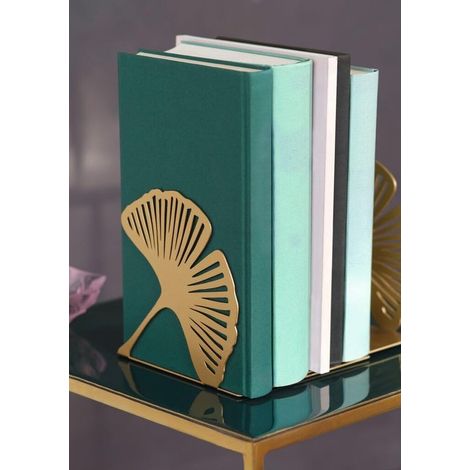 2 dekorative goldene Buchstützen aus Metall mit ausgeschnittenem Ginkgo-Motiv (1/2)