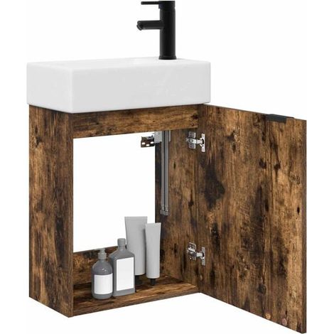 Meuble de Salle de Bain avec Robinet, Couleur Chêne Fumé (1/5)