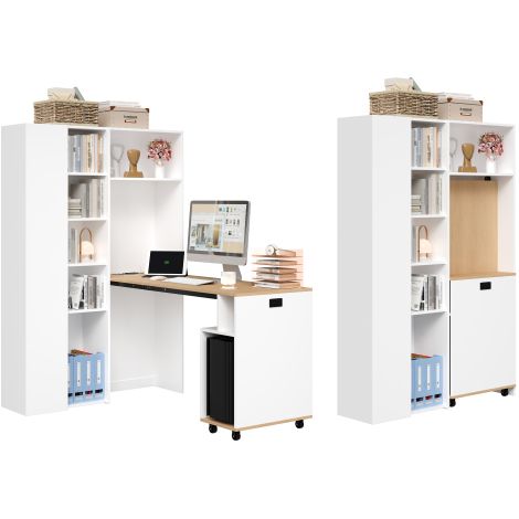 Bureau pliant 2en1 étagères, USB, prise, anti-basculement, angle gauche
