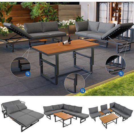 Set Jardin 3 Pièces Gris – 2 Canapés + Table, Structure Fer Poudré, Dossier Réglable, Bois Acacia, Coussins Inclus, Extérieur (1/5)