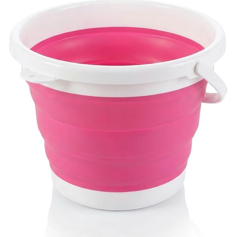 Seau rond et pliable qui permet de gagner de la place et qui est robuste et durable, avec une poignée ergonomique adaptée à une utilisation à la maison et à l'extérieur (rose, 5 litres).