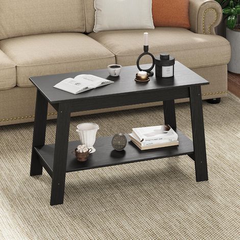 Table basse rectangulaire 2 niveaux style rustique – Étagère de rangement intégrée – Design robuste et montage facile – Idéale pour petits espaces – Noir (1/5)