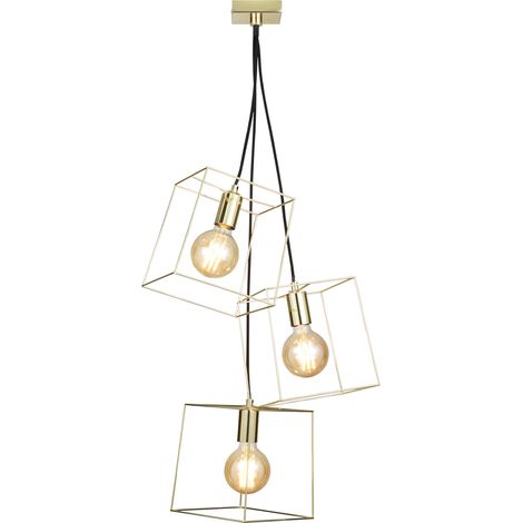Litecraft Ceiling Pendant 3 Light With Cube Wire Frame Shades - Polished Brass (1/5)