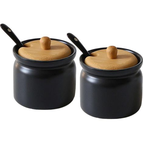 Ensemble de 2 pots à épices en céramique, récipients de rangement, salière, sucrier avec cuillère et couvercle en bambou , pour la cuisine, la salle à manger, le café, 180 ml (noir) (1/5)