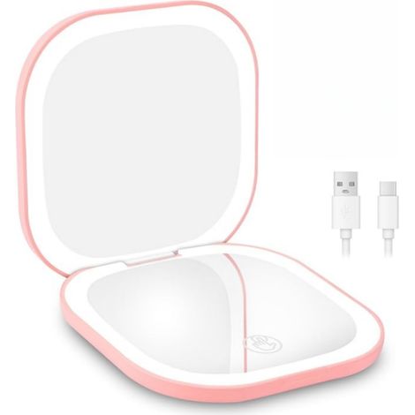 Rechargable Miroir de Voyage Grossissant, 3X/1X Miroir Maquillage Grossissant Lumineux, avec 3 Couleurs Eclairage, Double Face, pour un Maquillage Précis, Rose (1/5)