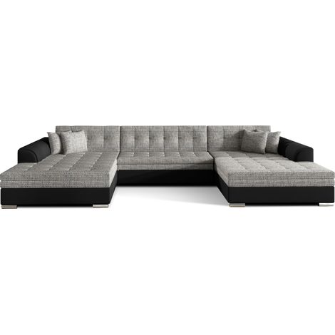 Les Tendances – Canapé panoramique convertible 6 places – Bi-matière simili cuir et tissu italien – Dimensions 359 x 165 x 80 cm – Lit 305 x 126 cm