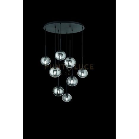 SOSPENSIONE JEWEL 8 LUCI NERO VETRO FUME' ATTACCO E14 VETRO D.15-17CM