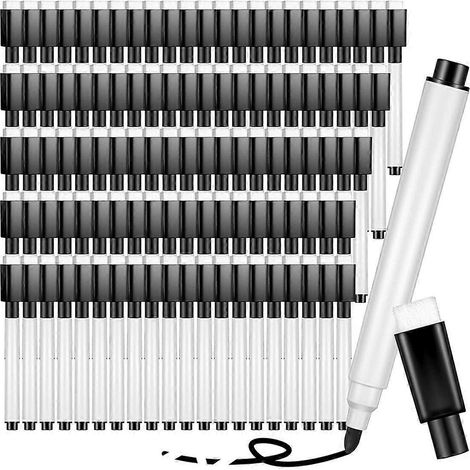 Lot de 100 marqueurs pour tableau blanc noirs à pointe fine et capuchon en caoutchouc (1/4)