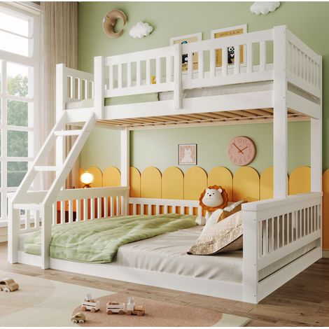 Letto a castello 90x200 cm e 140x200 cm con scala e sponde di sicurezza, senza materasso, bianco (1/5)