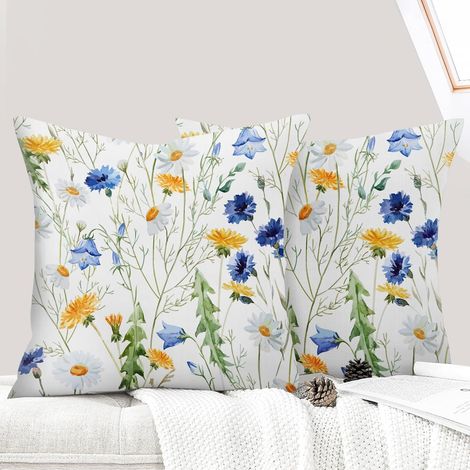 Lot de 2 Decorative Housse de Coussin 45x45 cm Flowers Housse de Canapé Décoratifs Motif Plante à Fleurs Sauvages Taie d'oreiller pour Maison Salon Chambre et Ferme - Marguerite Jaune (1/5)