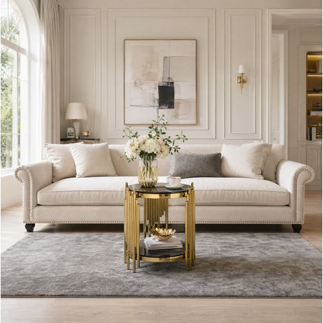 Table d'appoint ronde 2 niveaux 40x40x55 cm noire et dorée en verre trempé et acier inoxydable, design compact (1/5)