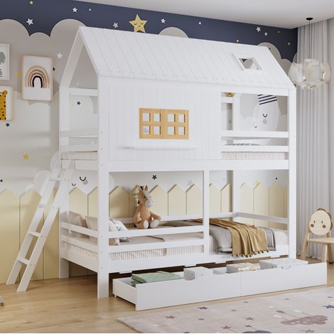 Litera infantil 90x200 cm blanco y natural, madera y MDF, con 2 cajones (1/4)