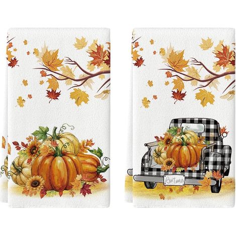 Lot 2 Torchons de Cuisine Automne Citrouilles Feuilles 42x65cm (1/5)