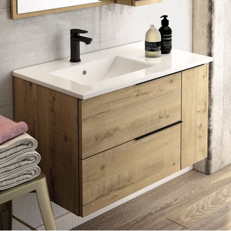 Meuble sous vasque seul, 2 tiroirs et 1 porte, 80cm, pour vasque déportée à gauche, roble (chêne clair) - KING