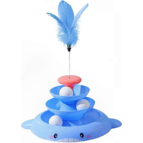 Interaktiver 3-stöckiger Katzenspielturm mit drehbarer Plattform und 3 Bällen, ohne Staubwedel an der Spitze, lila, Bewegung und Unterhaltung für Katzen. (1/5)