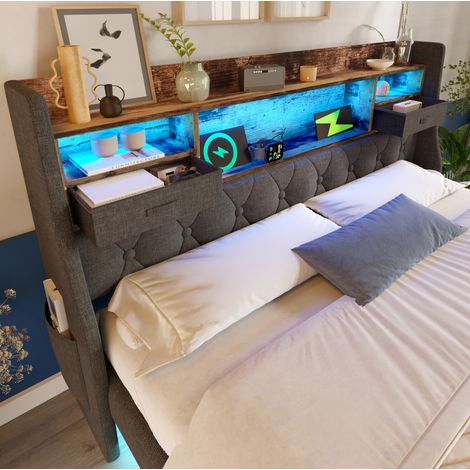 Cama doble 140x200 cm gris de lino con LED, cabecero con almacenaje, puertos USB/USB-C y colchón (1/5)