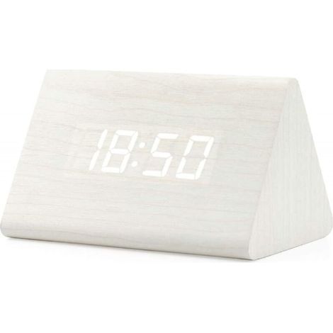 Réveil numérique, réveil en bois, horloge de bureau numérique triangulaire moderne en bois, affiche l'heure, la date, la température et le calendrier. (1/5)