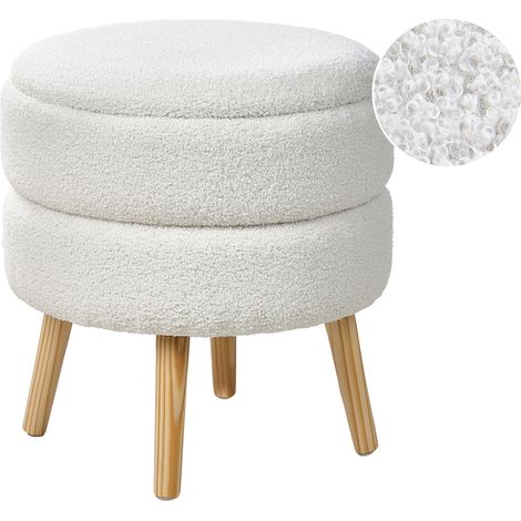 Taburete moderno tapizado de bouclé con almacenaje patas de madera blanco Okaton