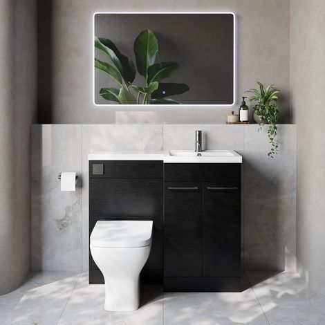 Napoli 390 Nero Oak 1000mm 2 Door Vanity Unit Toilet Suite with Right Hand Square Lucia Basin - 1000mm - Gunmetal Grey 160mm HandleWith Kingston Toilet Pan and Seat