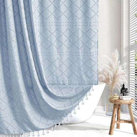 Rideau de douche extra long en tissu tissé touffeté à rayures style rustique moderne et minimaliste pour salle de bain, 183 x 213 cm, bleu brouillard (1/3)