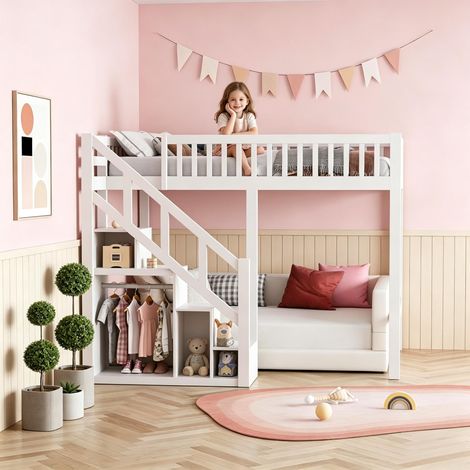 FOERPL-Kinder etagenbett 90x200 cm, 2-Personen-Etagenbett mit Stauraumtreppe, Kids Collective Hochbett Kinder Etagenbettgestell mit Lattenrost und Sicherheitsgeländer, Absturzsicherung