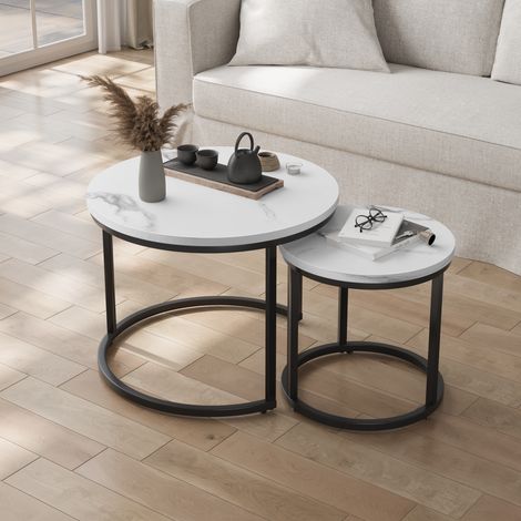 Ensemble table basse gigogne, table d'appoint ronde, structure métal noir, finition marbre blanc, 60x60x45 cm + 40x40x40 cm (1/5)