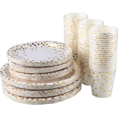60 gobelets en papier de 9 oz + 60 assiettes de 7 pouces + 60 assiettes de 9 pouces Ensemble de 180 pièces de verres et de vaisselle jetables avec assiettes rondes à pois dorés