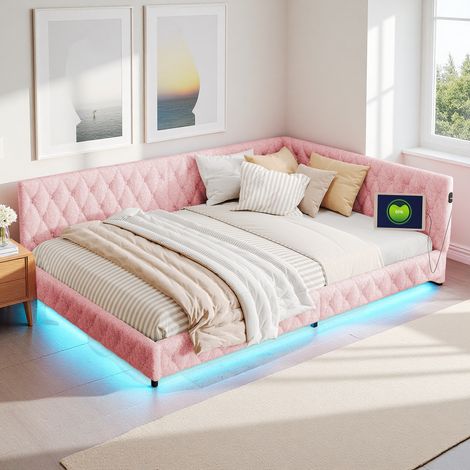 Lit Matelassé 140x200 cm, Lit Double, LED et Prise USB, Canapé-Lit, Sommier Inclus, Rose - Salon Chambre (1/5)