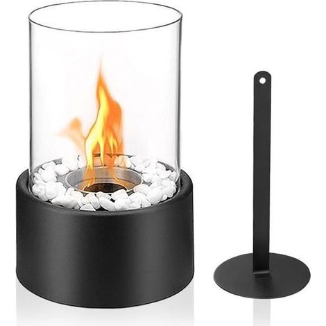 (Noir)Cheminée de table bioéthanol, Cheminée Portable à table avec pierres décoratives et extincteur, 16cm x H 27cm, Noir (1/4)