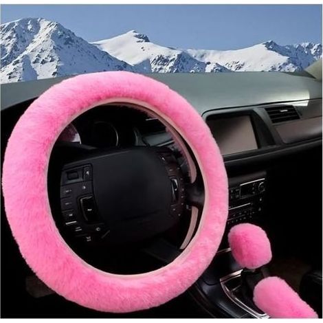 Ensemble de Couvre-Volant Peluche, 3PCS Housse de Volant Voiture Universel en Souple Moelleuse, 38CM Convient Auto Camion (Rose) (1/4)