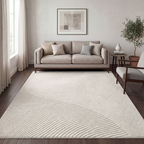 Paco Home Alfombra Salon pelo corto, Scandi abstracto Japandi Boho, efecto 3D, Uni  Crema 200x280 cm (1/5)