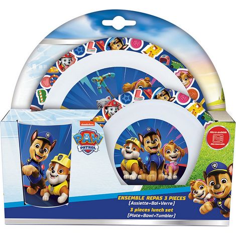 Ensemble repas Pat'Patrouille en polypropylène – 1 assiette Ø 22 cm, 1 bol Ø 16 cm, 1 verre 220 ml – Micro-ondable, multicolore – Cijep