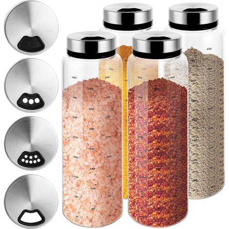 Lot de 4 Pot a Epices en Verre, Pot à Epices 500ml, Pot Epices Verre avec 3 Trous à Épices, Salieres et Poivrieres avec Couvercle, Pots à Épices pour Cuisine, Grill Extérieur, Cuisson (1/5)