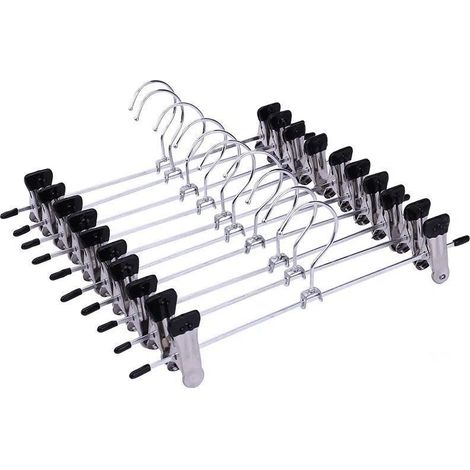 Lot de 10 cintres en fer chromé de 40 cm, cintres métalliques argentés pour pantalons, shorts, jupes, chaussettes et sous-vêtements, avec pinces antidérapantes. (1/4)