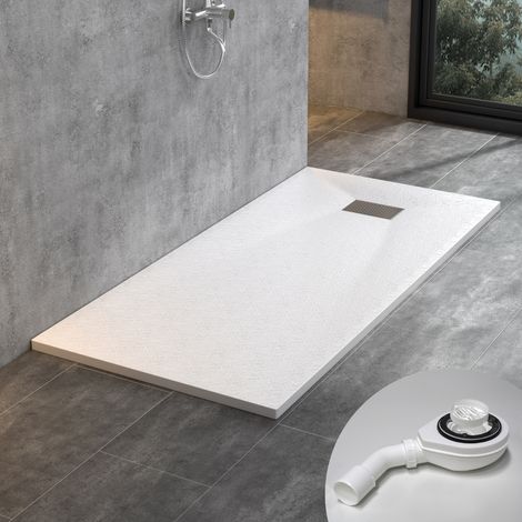 WITEN&NOCK design SMC Duschwanne Duschtasse mit Edelstahl Abflussrinne mit siphon, Steinoptik, weiß, 180x70 cm (1/4)