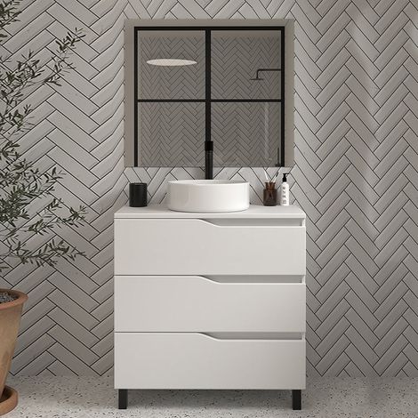 Meuble de salle de bain 70cm avec plateau et vasque à poser - 3 tiroirs - blanc - MATA (1/5)