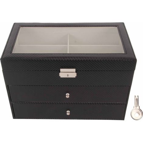 Boîte de rangement pour lunettes à trois niveaux, boîte de rangement en fibre de carbone et cuir, boîte de rangement pour lunettes de soleil et lunettes de vue à 18 emplacements, support de rangement  (1/5)