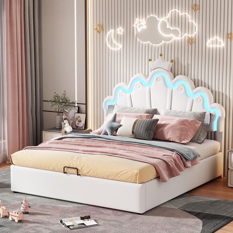 Lit coffre 140x200cm - simili cuir, tête de lit avec couronne, lit princesse avec éclairage LED, sommier à lattes, structure métallique, lit double Moderne - Blanc (1/5)