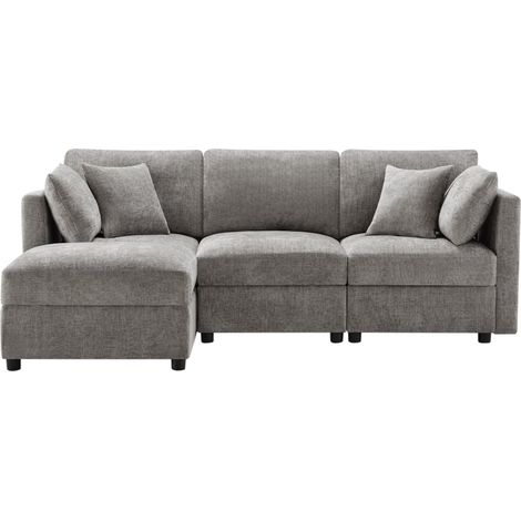 Canapé d'angle, avec 4 coussins, en tissu chenille, Gris (1/5)