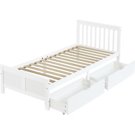 Cama individual blanca 90x200 cm con 2 cajones de almacenamiento en madera de pino (1/5)
