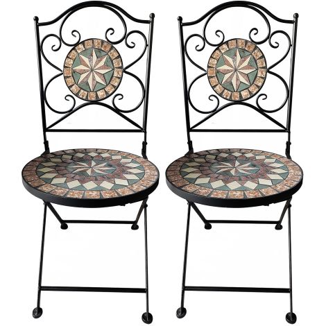 Paire de chaises pliantes en métal – Dossier en mosaïque de pierre – Chaise de jardin design – Charge maximale 120kg