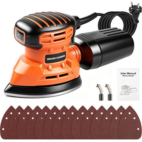 Ponceuse de Détail Triangulaire Électrique, Ponceuse Souris 150W Ponceuse À Main Avec Collecteur de Poussière, 14 Feuilles de Papier Abrasif de Grain 60 À 400, pour Le Polissage Du Bois (1/5)