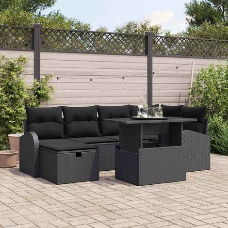 Garten-Sofa-Set mit Kissen 7 pcs Schwarz Poly Rattan (1/5)