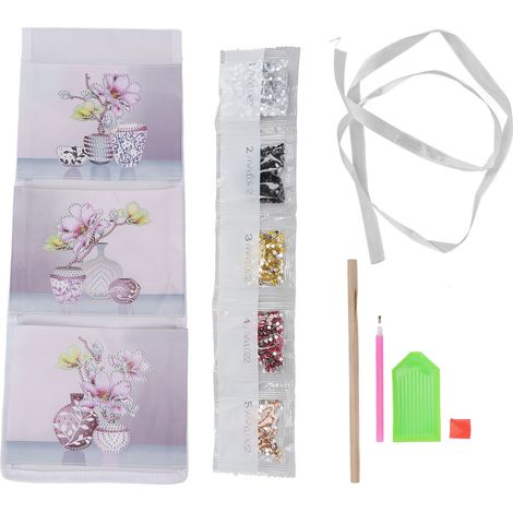 Selbstgemachte Hängeaufbewahrungstasche mit 3 Taschen im Vasen-Design, 5D-Strasssteinmalerei, kreative Wandtasche für Geschenke (1/5)