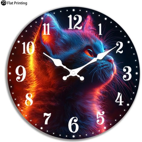 Horloge murale silencieuse en bois (12 pouces) avec motif chat lumineux néon, horloge analogique à quartz, convient pour la chambre et la salle de bain. (1/5)