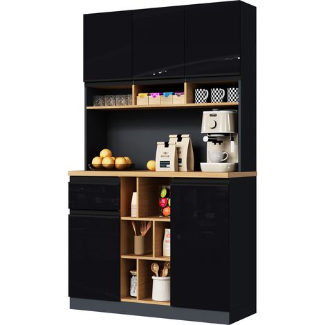 ELVMI Credenza Alta da Cucina con 3 Ante, 1 Cassetto e Ripiani Regolabili, Vani Aperti, MDF Nero Naturale (1/5)