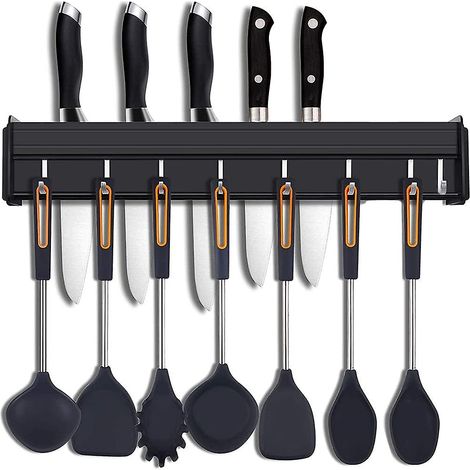 Porte-ustensiles de cuisine avec crochets, barre murale pour ustensiles de cuisine, support mural pour couteaux de cuisine, support mural pour casseroles, pour la cuisine suspendue (1/4)