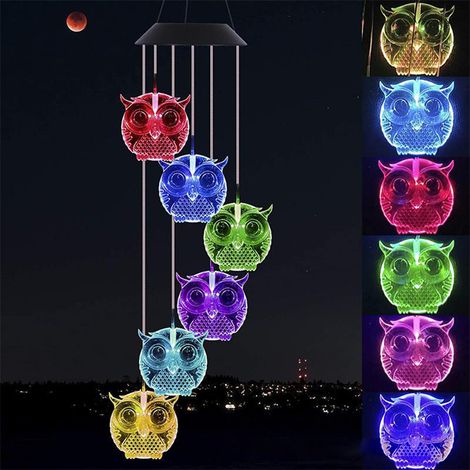 Lanternes solaires hibou avec carillon lumineux multicolore pour jardin extérieur, décoration paysagère (1 carillon, boîte en carton), couvercle noir hibou (1/4)